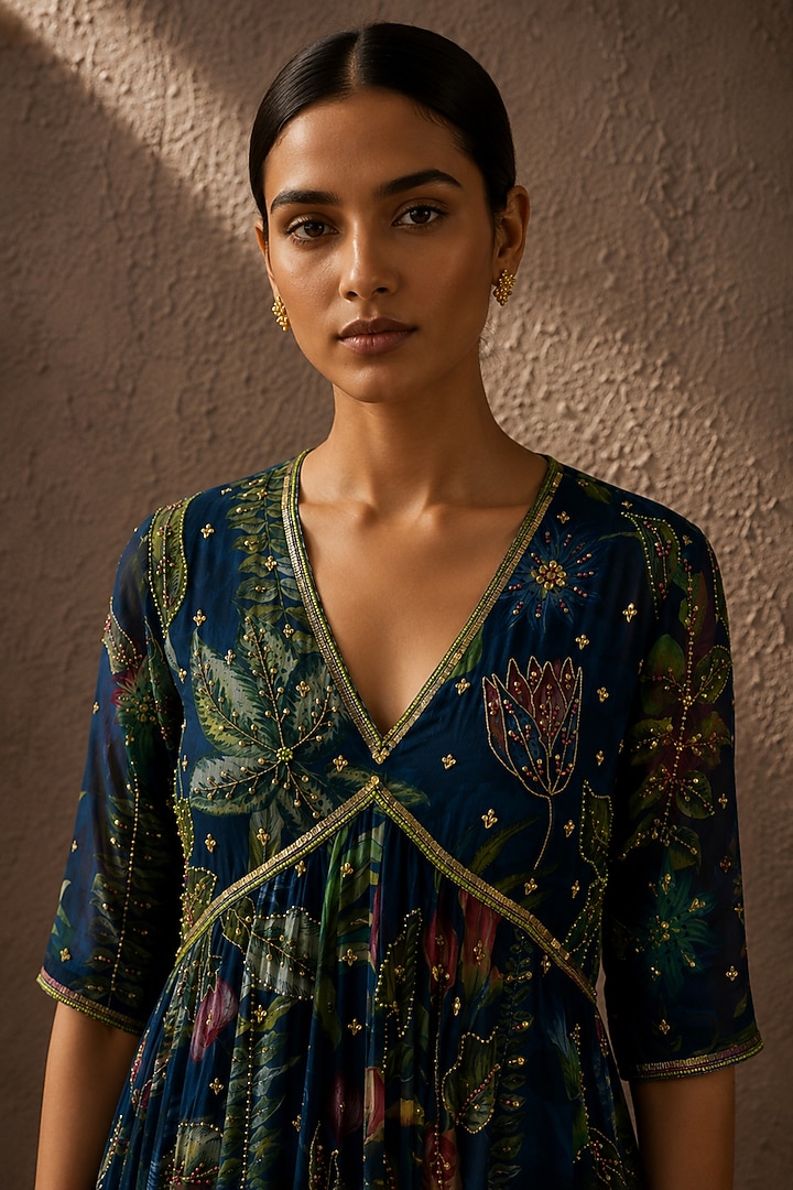 Blue Recycled Chiffon Botanical Printed Anarkali Set by AROOP SHOP INDIA at Pernia's Pop Up Shop
