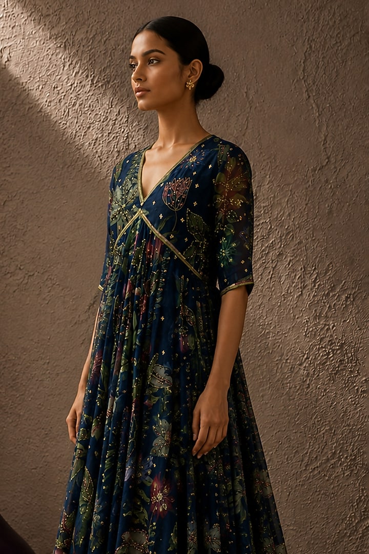 Blue Recycled Chiffon Botanical Printed Anarkali Set by AROOP SHOP INDIA at Pernia's Pop Up Shop