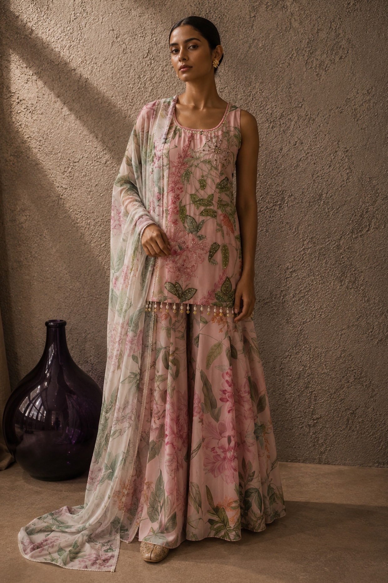 AROOP SHOP INDIA Pink Recycled Chiffon Floral Embellished Sharara Set