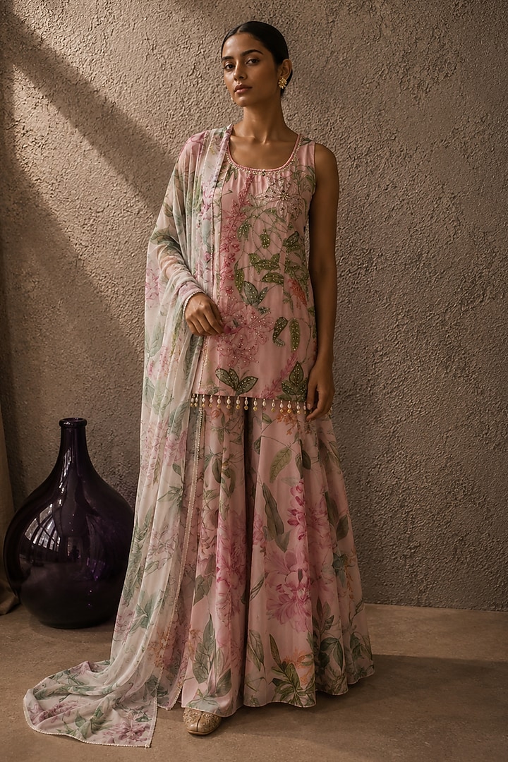 Pink Recycled Chiffon Floral Embellished Party Wear Sharara Set by AROOP SHOP INDIA at Pernia's Pop Up Shop