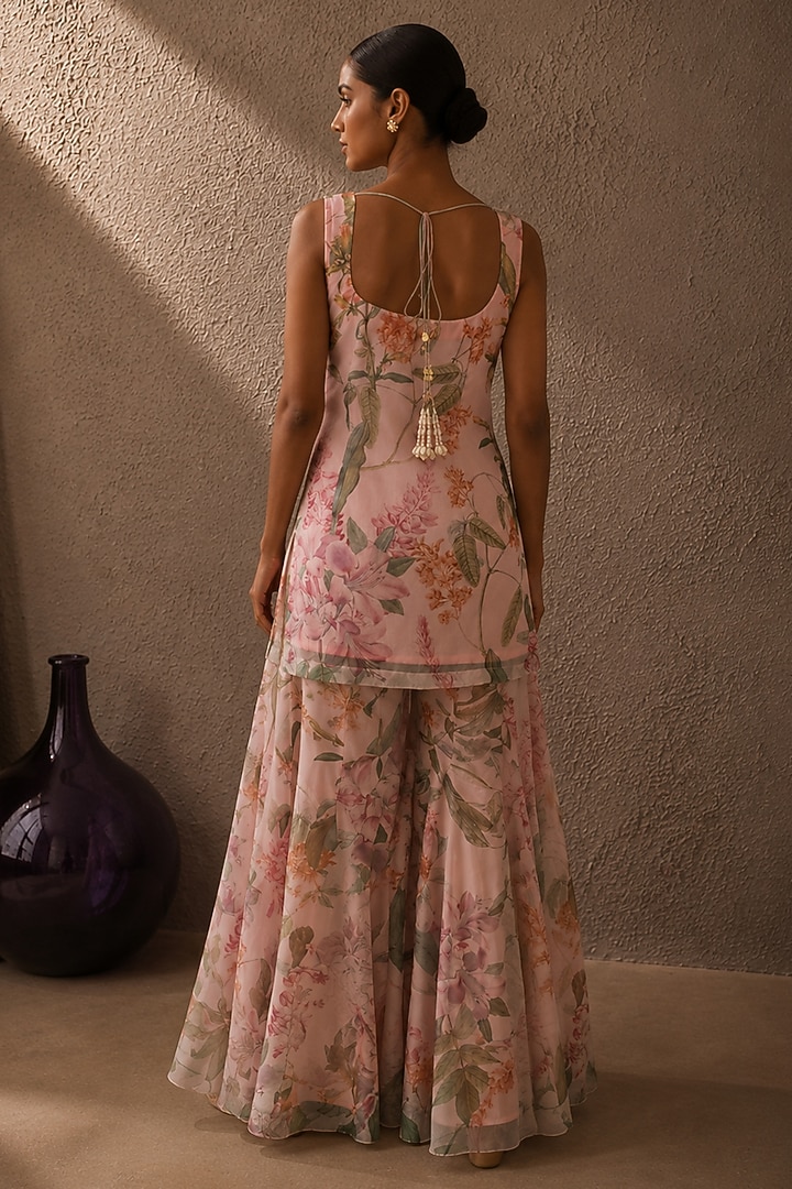 Pink Recycled Chiffon Floral Embellished Party Wear Sharara Set by AROOP SHOP INDIA at Pernia's Pop Up Shop