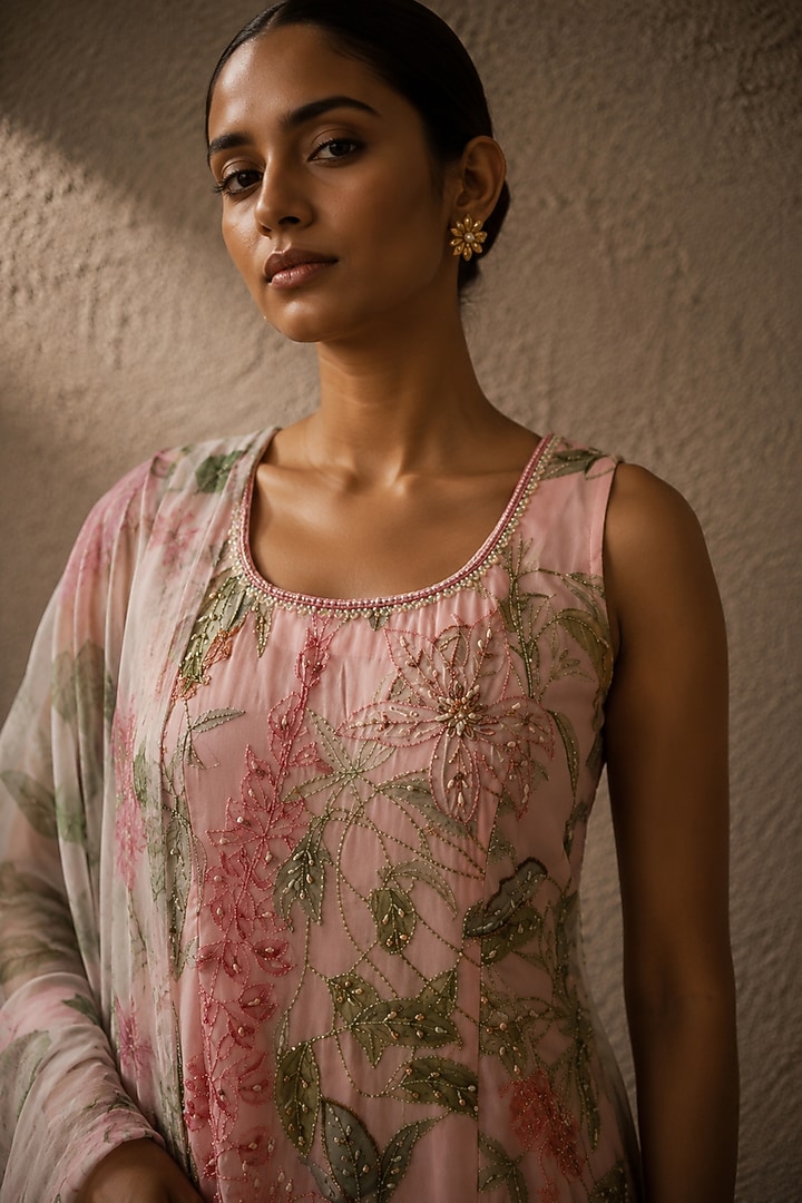 Pink Recycled Chiffon Floral Embellished Party Wear Sharara Set by AROOP SHOP INDIA at Pernia's Pop Up Shop