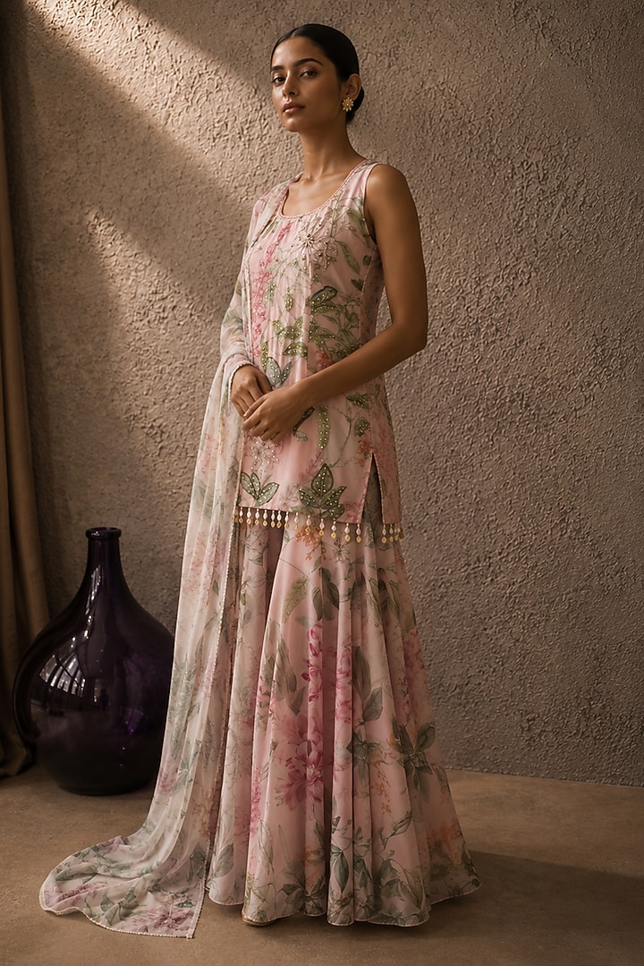 Pink Recycled Chiffon Floral Embellished Party Wear Sharara Set by AROOP SHOP INDIA at Pernia's Pop Up Shop