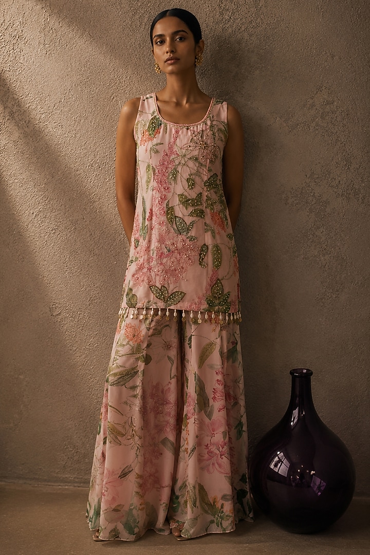 Pink Recycled Chiffon Floral Embellished Party Wear Sharara Set by AROOP SHOP INDIA at Pernia's Pop Up Shop
