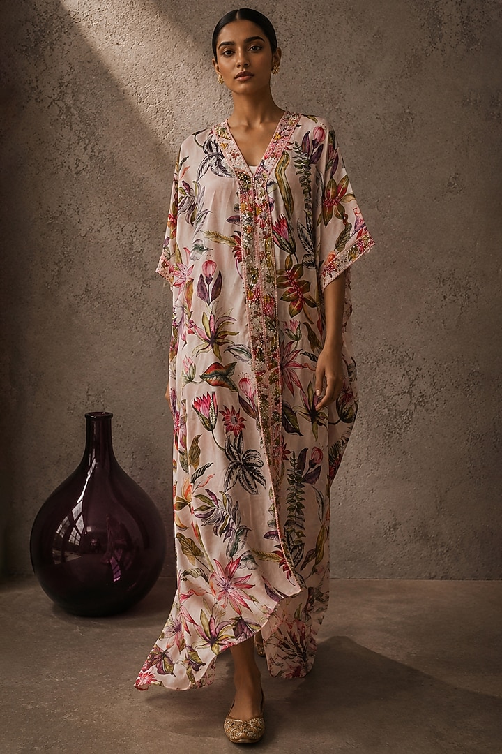 Pink Shantoon Floral Printed Kaftan by AROOP SHOP INDIA at Pernia's Pop Up Shop