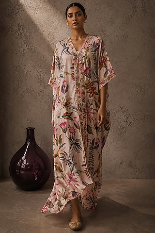 Pink Shantoon Floral Printed Kaftan by AROOP SHOP INDIA