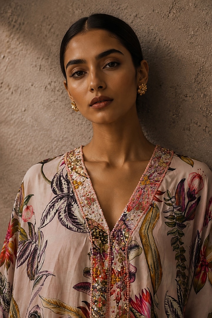 Pink Shantoon Floral Printed Kaftan by AROOP SHOP INDIA at Pernia's Pop Up Shop