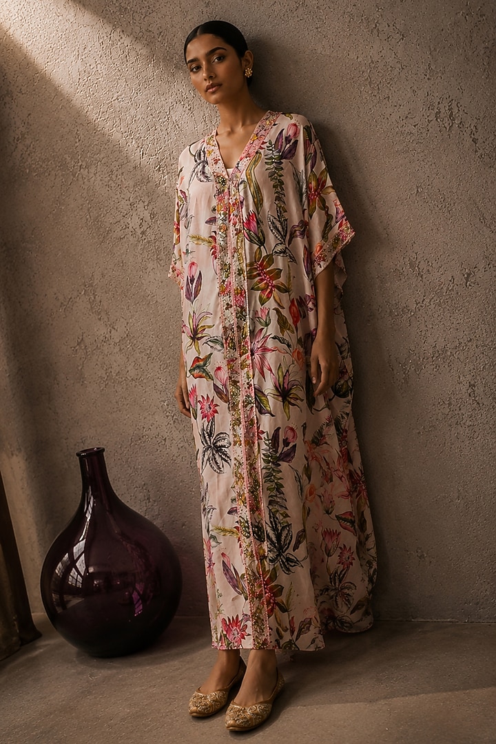Pink Shantoon Floral Printed Kaftan by AROOP SHOP INDIA at Pernia's Pop Up Shop