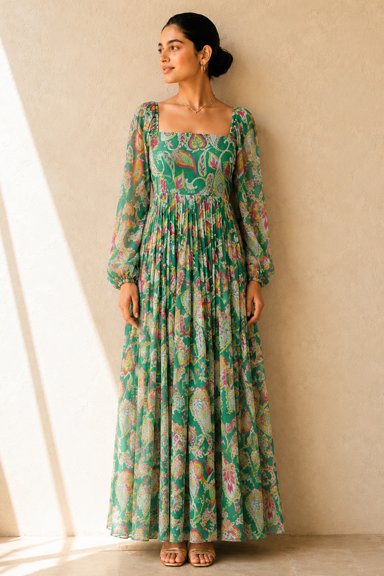 AROOP SHOP INDIA Green Recycled Chiffon Paisley Printed Maxi Dress
