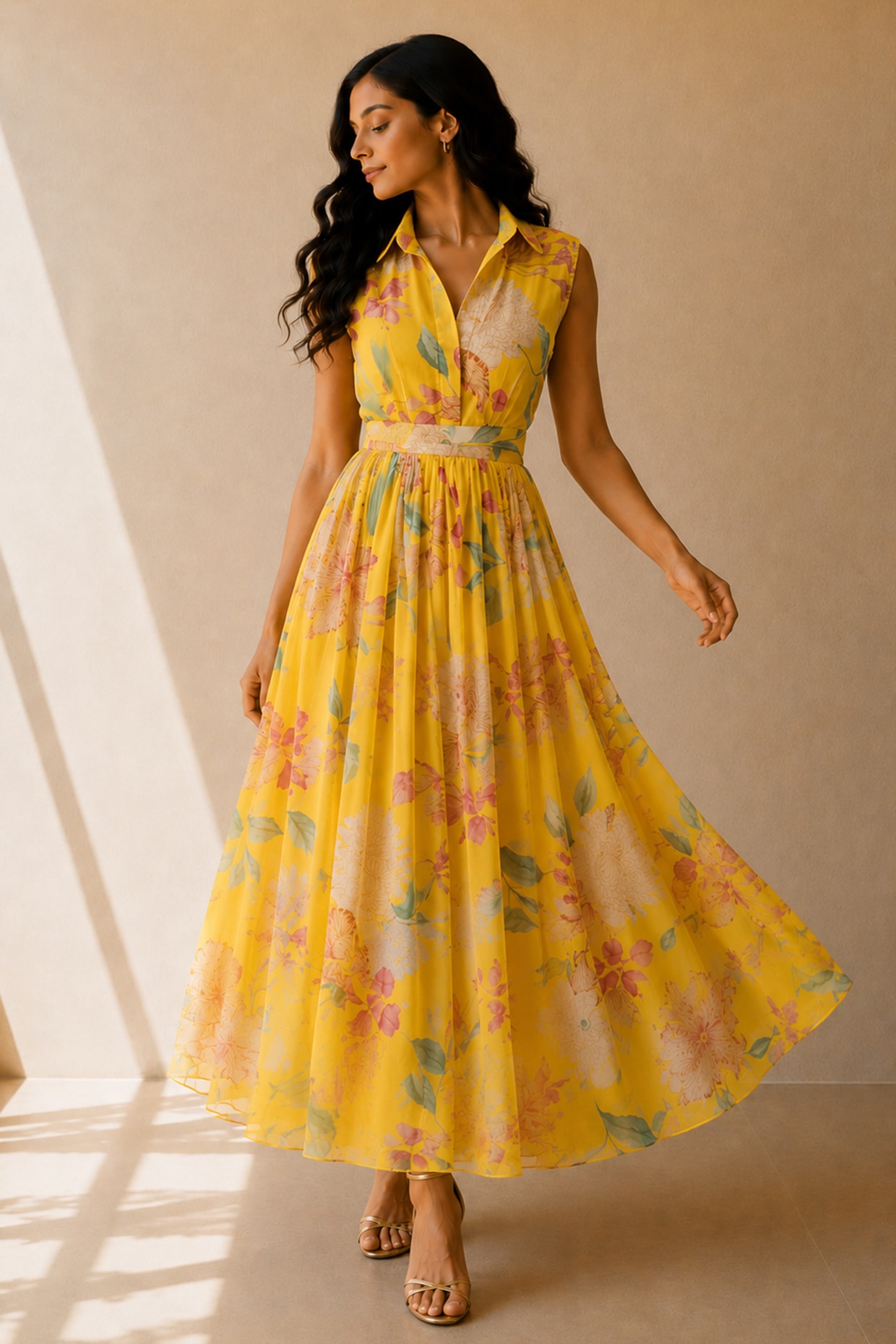 AROOP SHOP INDIA Yellow Recycled Chiffon Floral Printed Maxi Dress