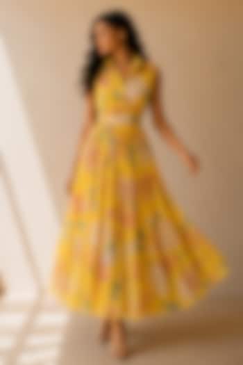Yellow Recycled Chiffon Floral Printed Maxi Summer Dress by AROOP SHOP INDIA at Pernia's Pop Up Shop