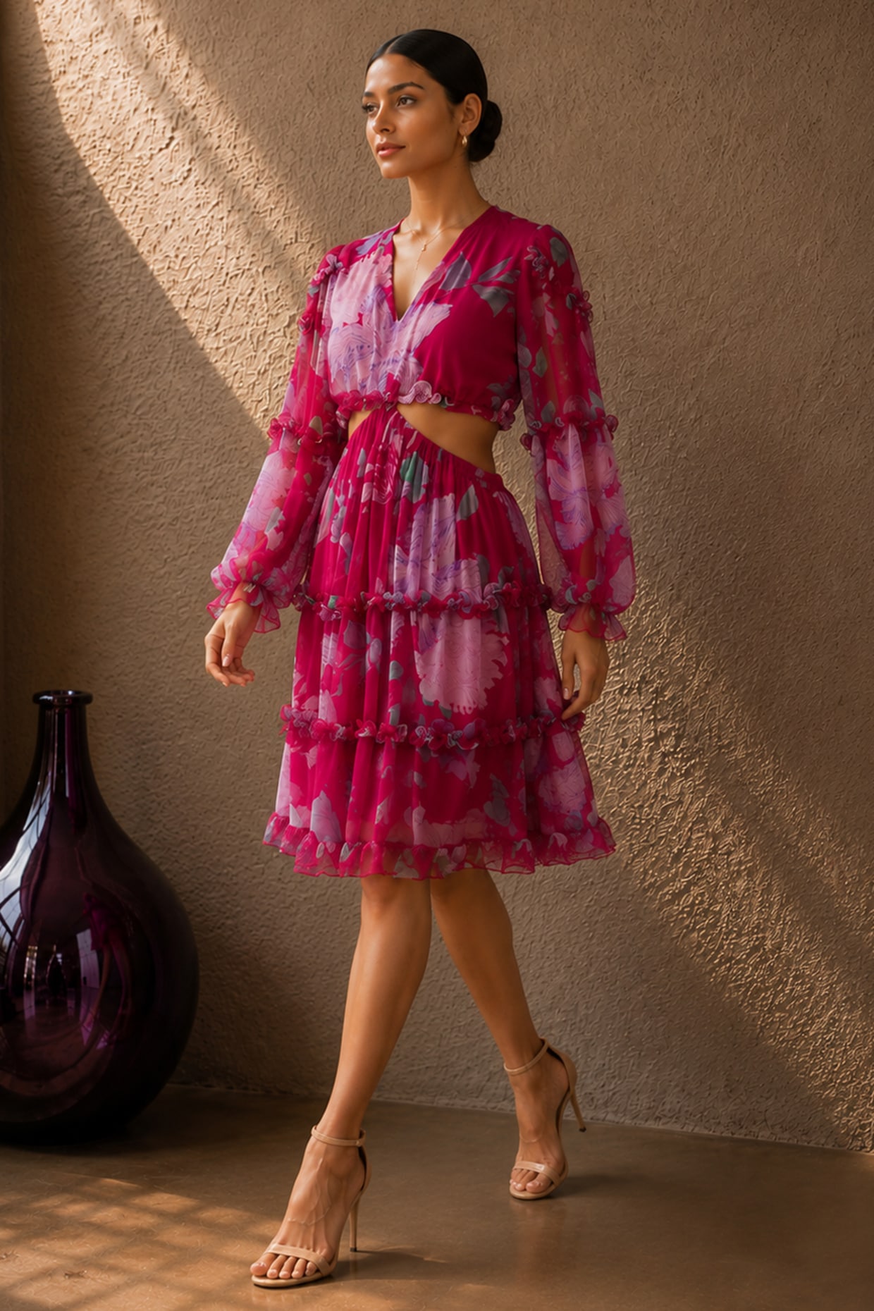 AROOP SHOP INDIA Red Recycled Chiffon Floral Printed Mini Dress