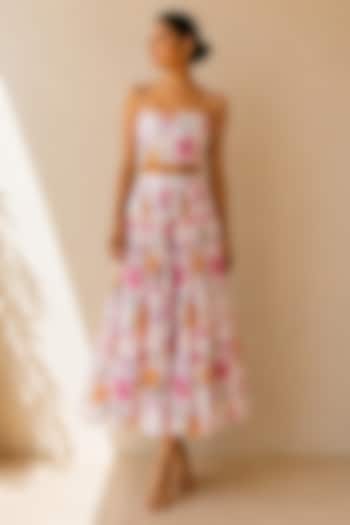 White Cotton Silk & Chiffon Floral Printed Skirt Set by AROOP SHOP INDIA at Pernia's Pop Up Shop