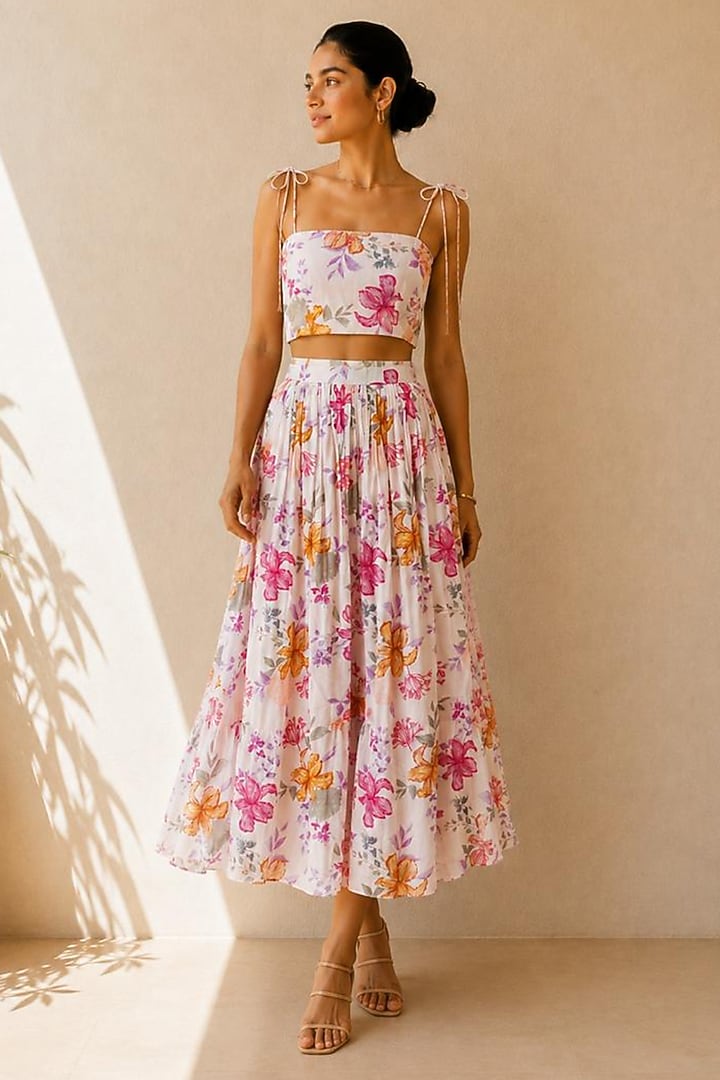White Cotton Silk & Chiffon Floral Printed Skirt Set by AROOP SHOP INDIA at Pernia's Pop Up Shop