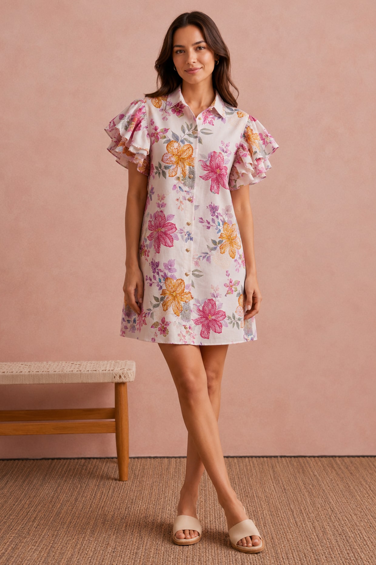 AROOP SHOP INDIA White Recycled Chiffon Floral Printed Shirt Dress