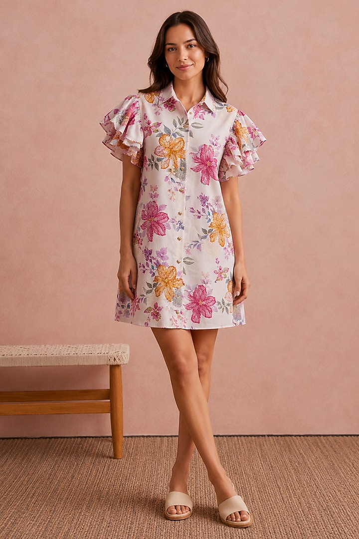 White Recycled Chiffon Floral Printed Summer Shirt Dress by AROOP SHOP INDIA at Pernia's Pop Up Shop