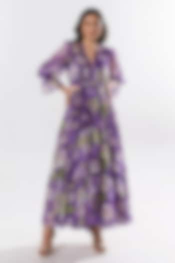 Purple Recycled Chiffon Floral Printed Maxi Summer Dress by AROOP SHOP INDIA at Pernia's Pop Up Shop