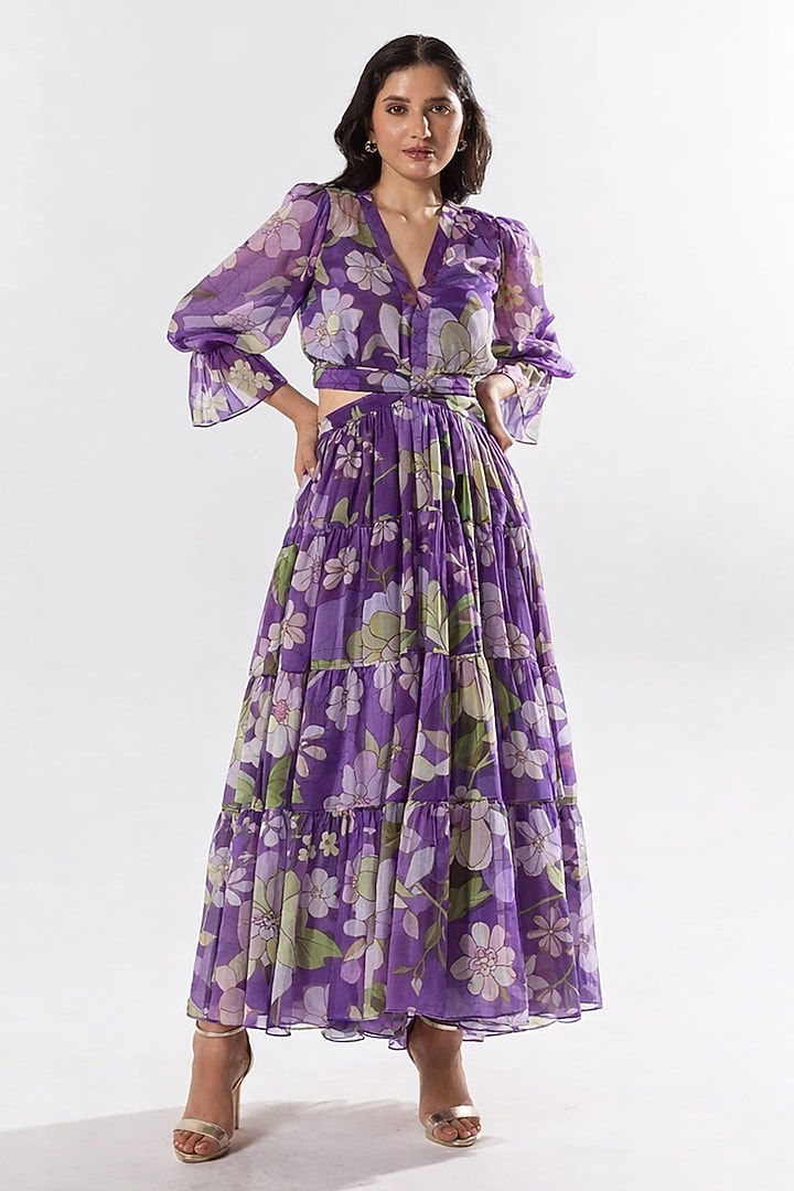 Purple Recycled Chiffon Floral Printed Maxi Summer Dress by AROOP SHOP INDIA at Pernia's Pop Up Shop