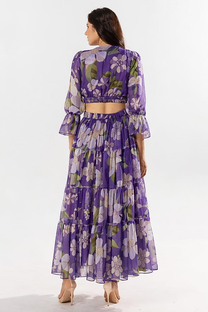 Purple Recycled Chiffon Floral Printed Maxi Summer Dress by AROOP SHOP INDIA at Pernia's Pop Up Shop