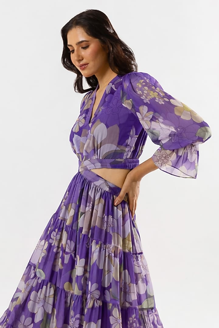 Purple Recycled Chiffon Floral Printed Maxi Summer Dress by AROOP SHOP INDIA at Pernia's Pop Up Shop