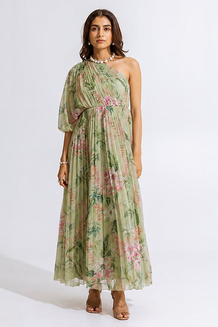 Green Recycled Chiffon Floral Printed Maxi Summer Dress by AROOP SHOP INDIA at Pernia's Pop Up Shop