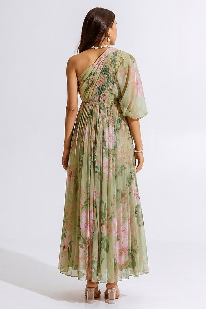 Green Recycled Chiffon Floral Printed Maxi Summer Dress by AROOP SHOP INDIA at Pernia's Pop Up Shop