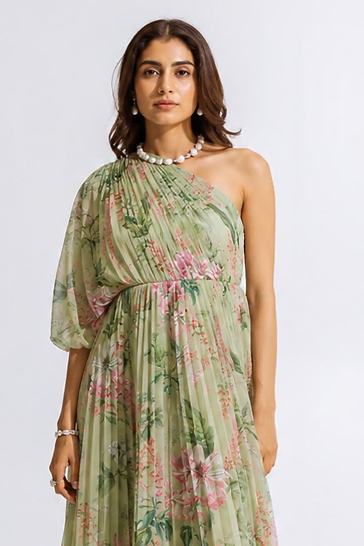 Green Recycled Chiffon Floral Printed Maxi Summer Dress by AROOP SHOP INDIA at Pernia's Pop Up Shop