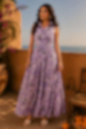 Purple Recycled Chiffon Floral Printed Maxi Summer Dress by AROOP SHOP INDIA at Pernia's Pop Up Shop