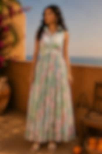 Multi-Colored Recycled Chiffon Floral Printed Maxi Summer Dress by AROOP SHOP INDIA at Pernia's Pop Up Shop