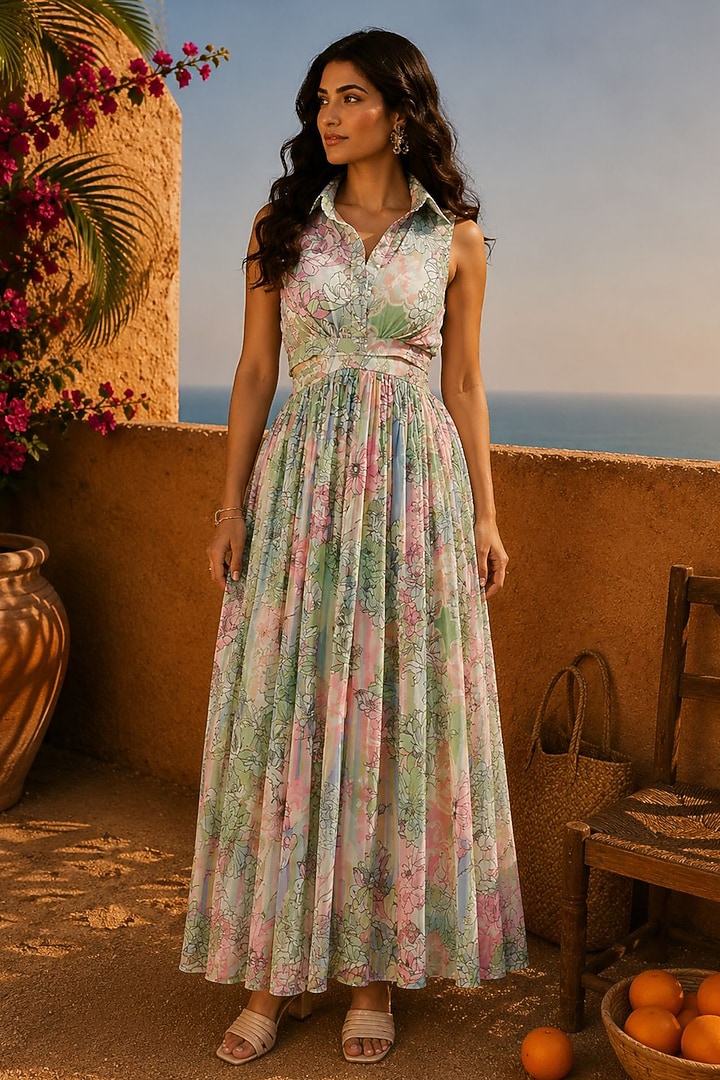 Multi-Colored Recycled Chiffon Floral Printed Maxi Summer Dress by AROOP SHOP INDIA at Pernia's Pop Up Shop
