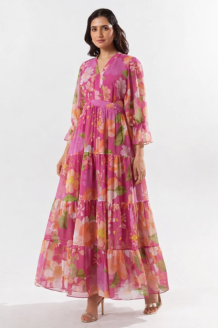 Pink Recycled Chiffon Floral Printed Mini Summer Dress by AROOP SHOP INDIA at Pernia's Pop Up Shop