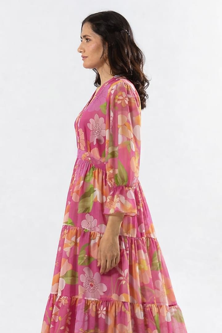 Pink Recycled Chiffon Floral Printed Mini Summer Dress by AROOP SHOP INDIA at Pernia's Pop Up Shop