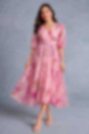 Pink Recycled Chiffon Floral Printed Midi Summer Dress by AROOP SHOP INDIA at Pernia's Pop Up Shop