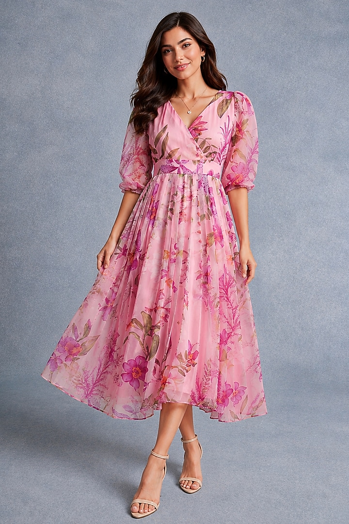Pink Recycled Chiffon Floral Printed Midi Summer Dress by AROOP SHOP INDIA at Pernia's Pop Up Shop
