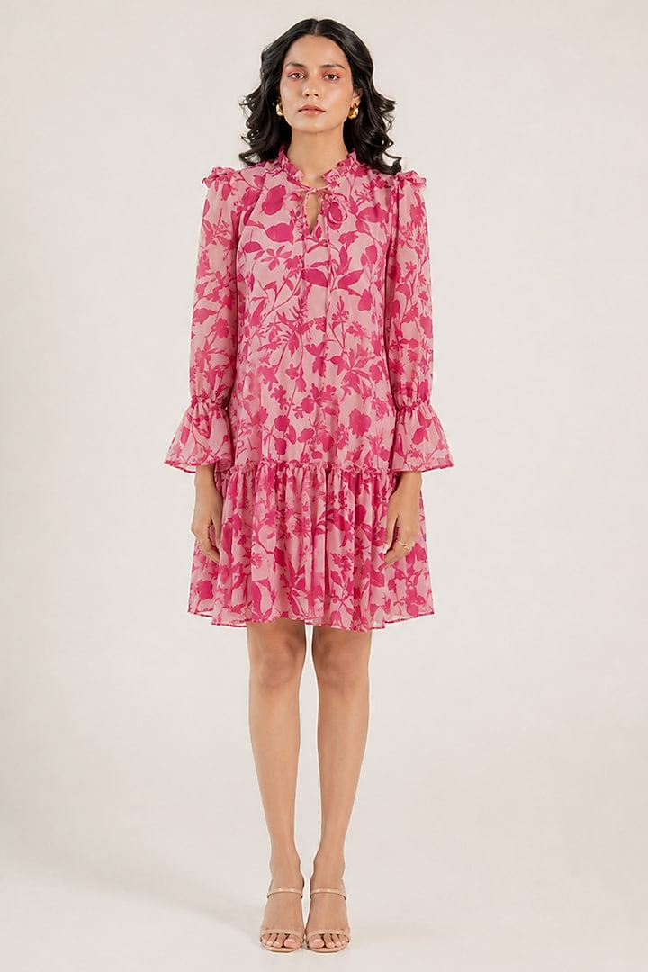 Pink Recycled Chiffon Floral Printed Mini Summer Dress by AROOP SHOP INDIA at Pernia's Pop Up Shop