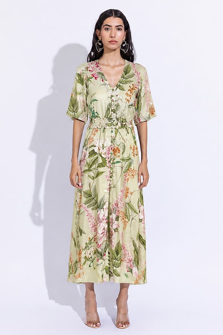 Green Shantoon Floral Printed Maxi Summer Dress by AROOP SHOP INDIA at Pernia's Pop Up Shop