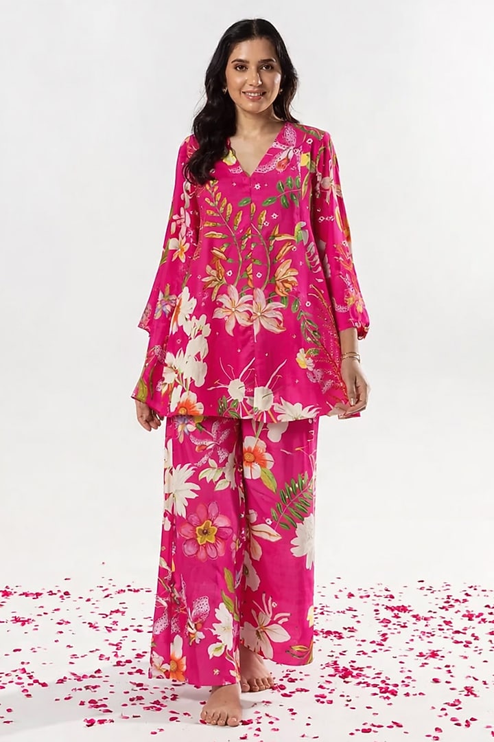 Pink Recycled Chiffon Floral Printed Co-Ord Set by AROOP SHOP INDIA at Pernia's Pop Up Shop
