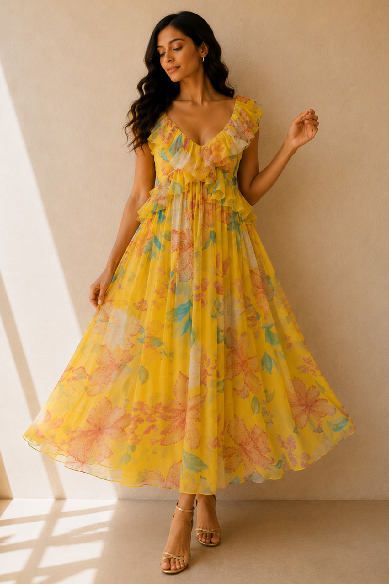 AROOP SHOP INDIA Yellow Recycled Chiffon Floral Printed Maxi Dress