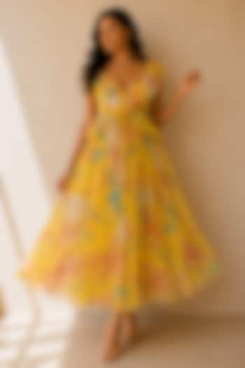 Yellow Recycled Chiffon Floral Printed Maxi Summer Dress by AROOP SHOP INDIA at Pernia's Pop Up Shop