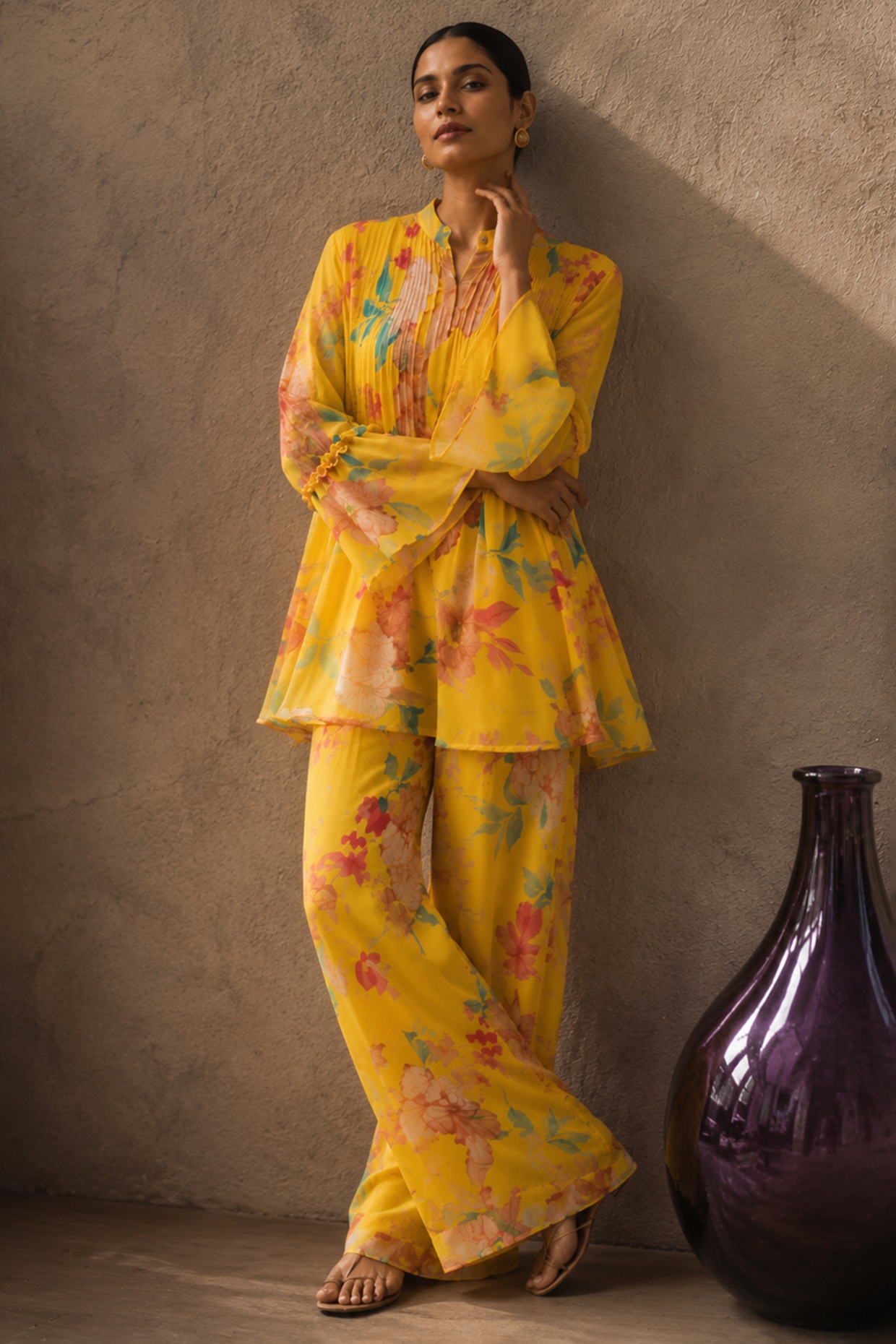 AROOP SHOP INDIA Yellow Recycled Chiffon Floral Printed Co-Ord Set