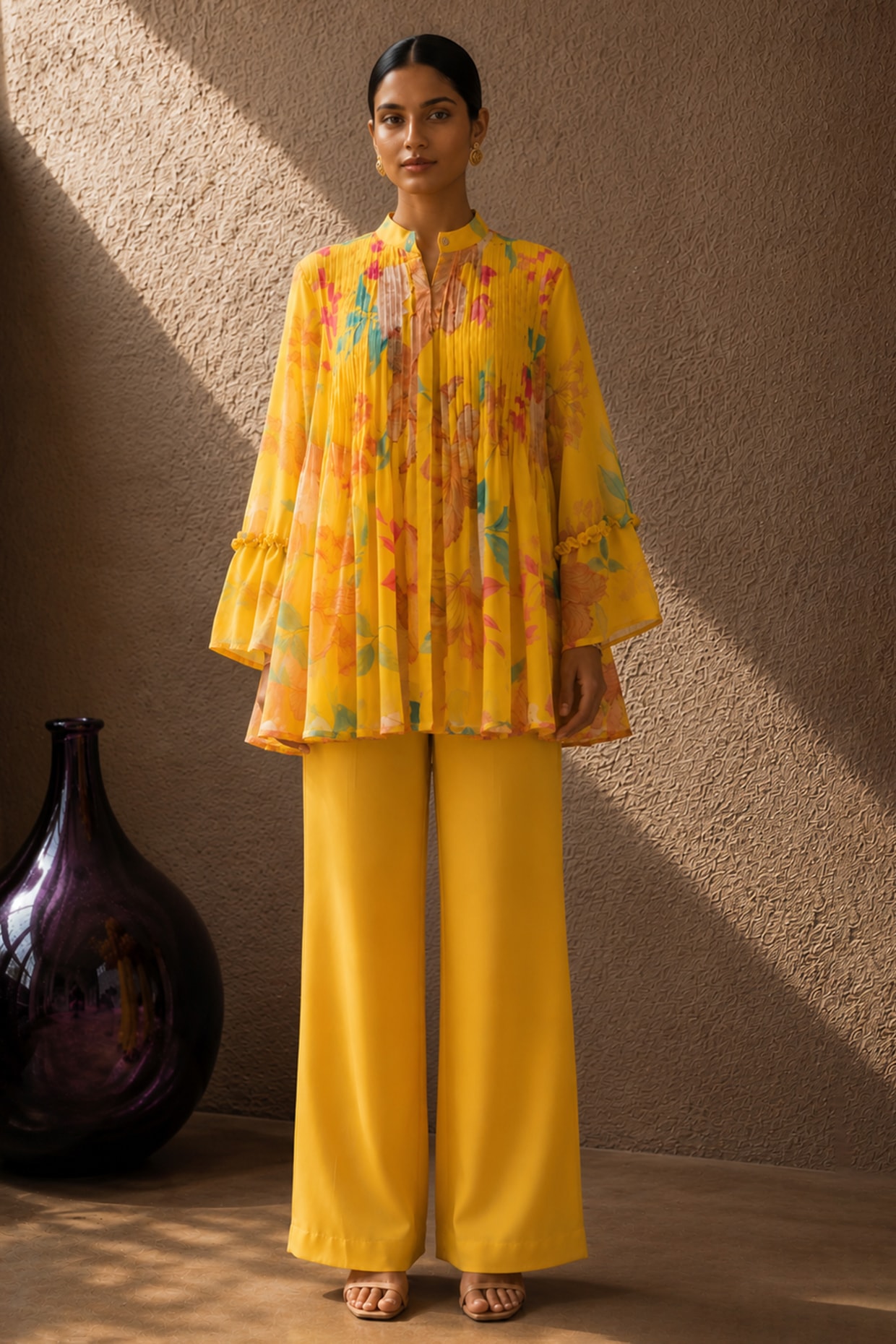 AROOP SHOP INDIA Yellow Recycled Chiffon Floral Printed Co-Ord Set