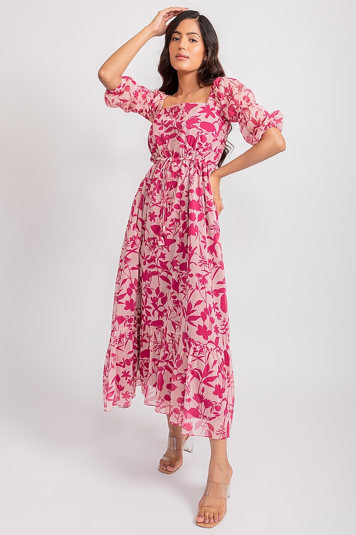 Carnation Pink Chiffon Tiered Dress by AROOP SHOP INDIA