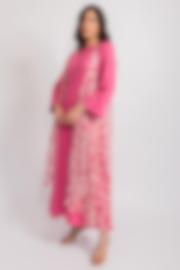 Pink Chiffon Flared Jumpsuit With Printed Cape by AROOP SHOP INDIA