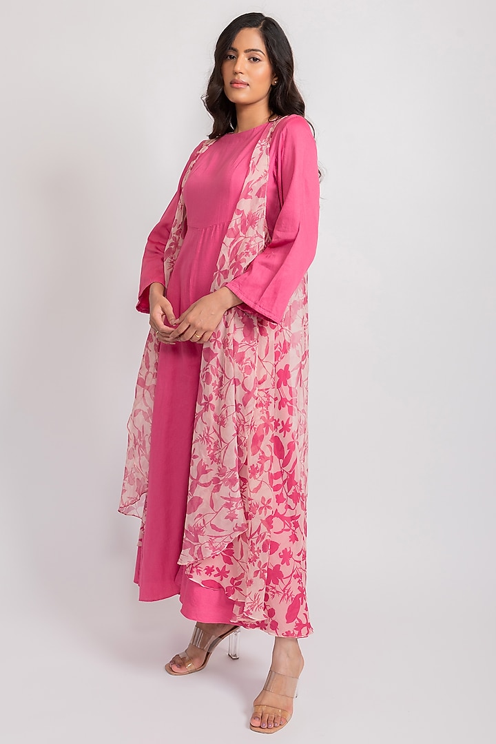 Pink Chiffon Flared Jumpsuit With Printed Cape by AROOP SHOP INDIA