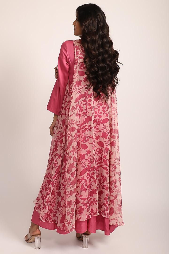 Pink Chiffon Flared Jumpsuit With Printed Cape by AROOP SHOP INDIA at Pernia's Pop Up Shop