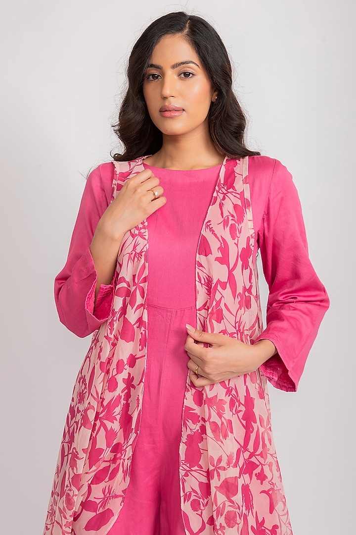 Pink Chiffon Flared Jumpsuit With Printed Cape by AROOP SHOP INDIA at Pernia's Pop Up Shop