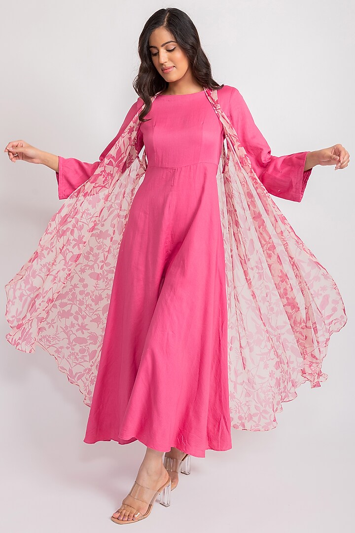 Pink Chiffon Flared Jumpsuit With Printed Cape by AROOP SHOP INDIA at Pernia's Pop Up Shop