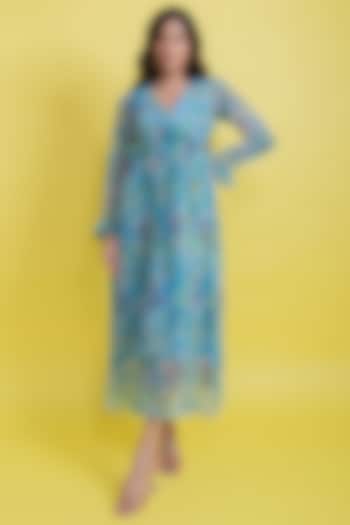 Tiffany Blue Chiffon Pleated Dress by AROOP SHOP INDIA