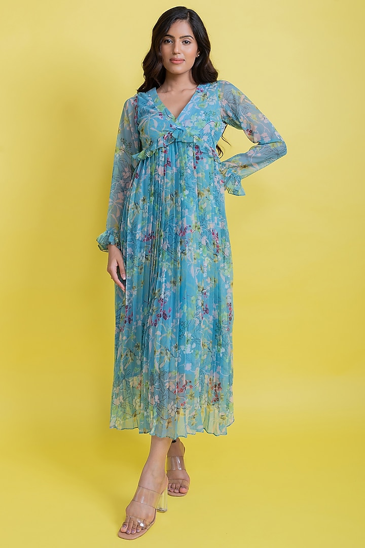 Tiffany Blue Chiffon Pleated Dress by AROOP SHOP INDIA