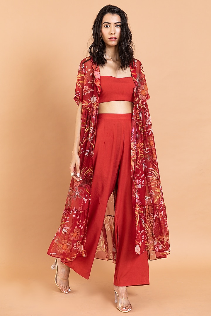 Cherry Red Recycled Chiffon Printed Kurta Set by AROOP SHOP INDIA at Pernia's Pop Up Shop